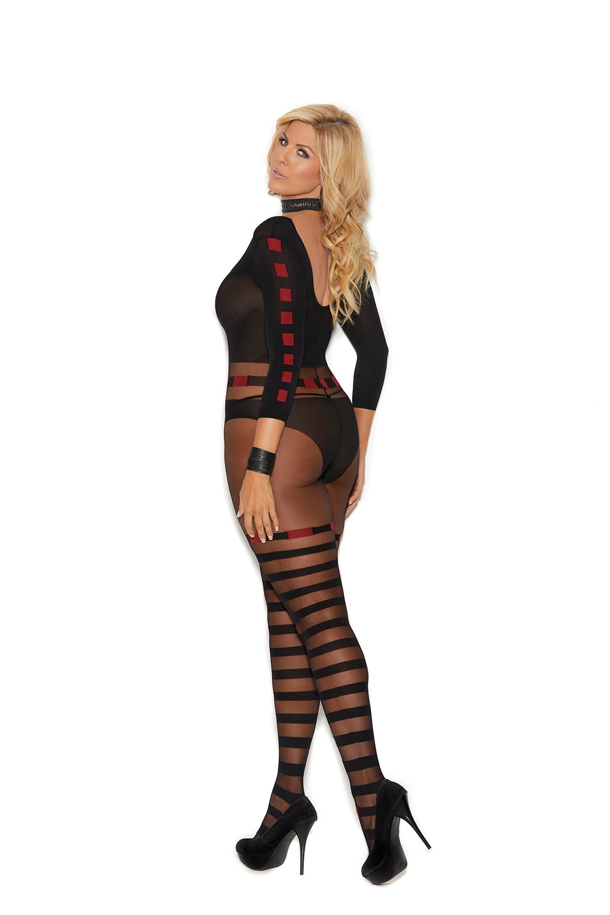 Women's Sheer and opaque long sleeve bodystocking with horizontal stripes and open crotch.