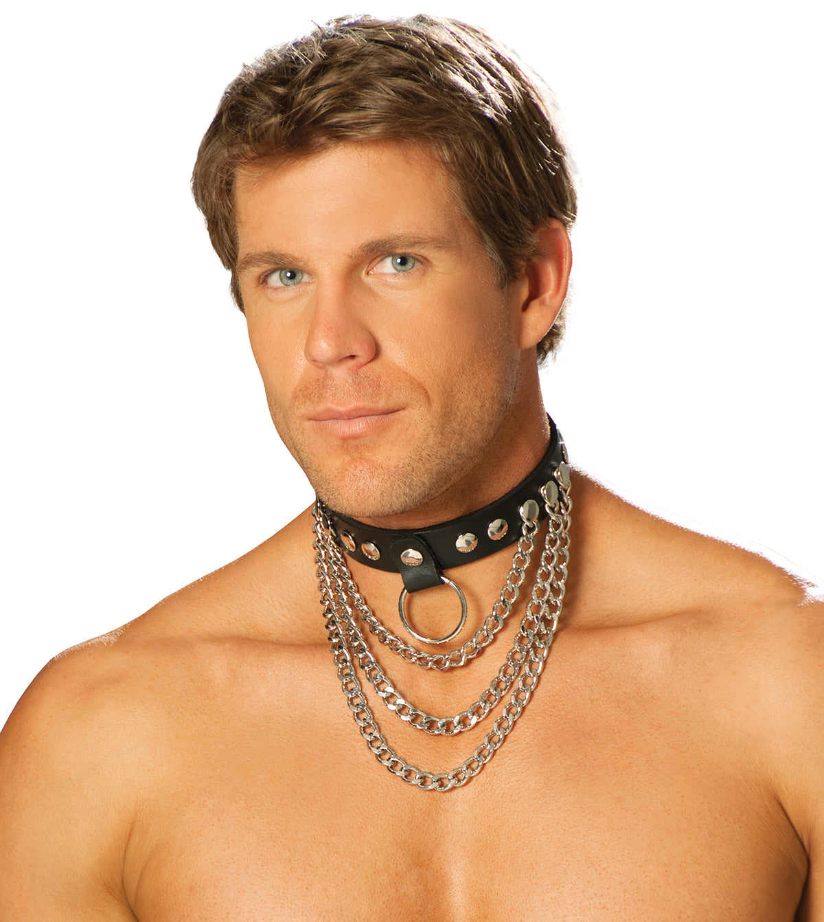 Men's leather collar with chains and O ring.