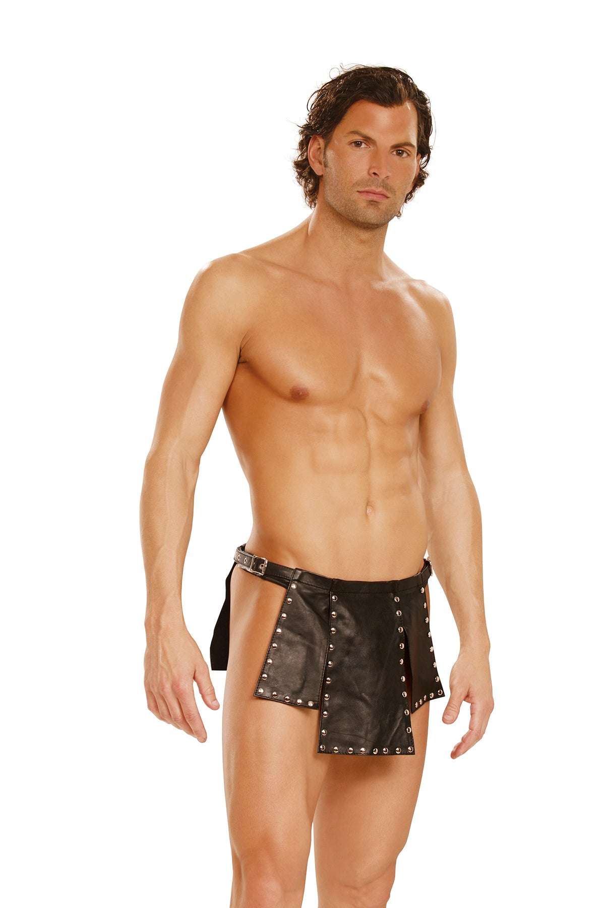 Women's Leather kilt with nail heads and adjustable buckle closure.