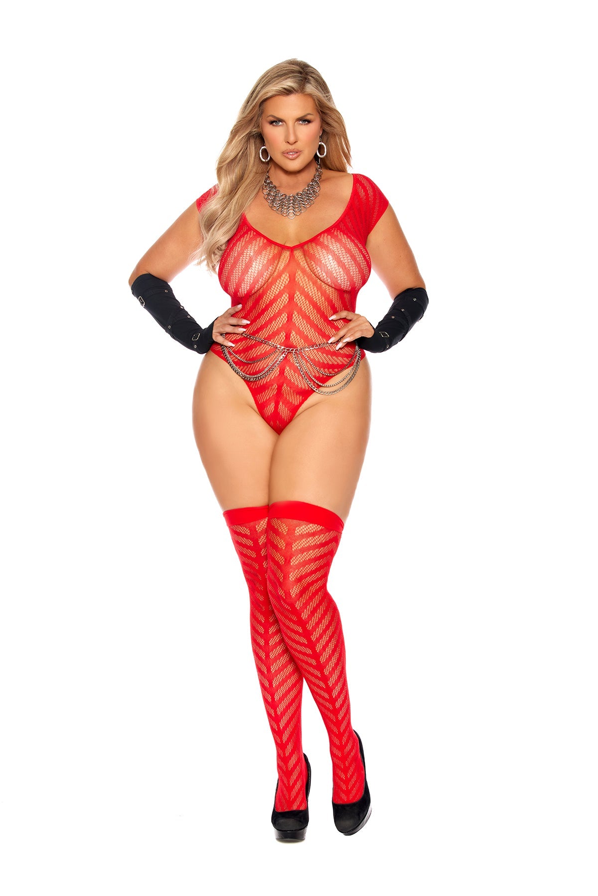 Women's Chevron striped crochet deep V teddy and matching stockings.