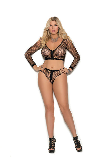 Women's Long sleeve fence net cami top with zip front and matching booty shorts. 