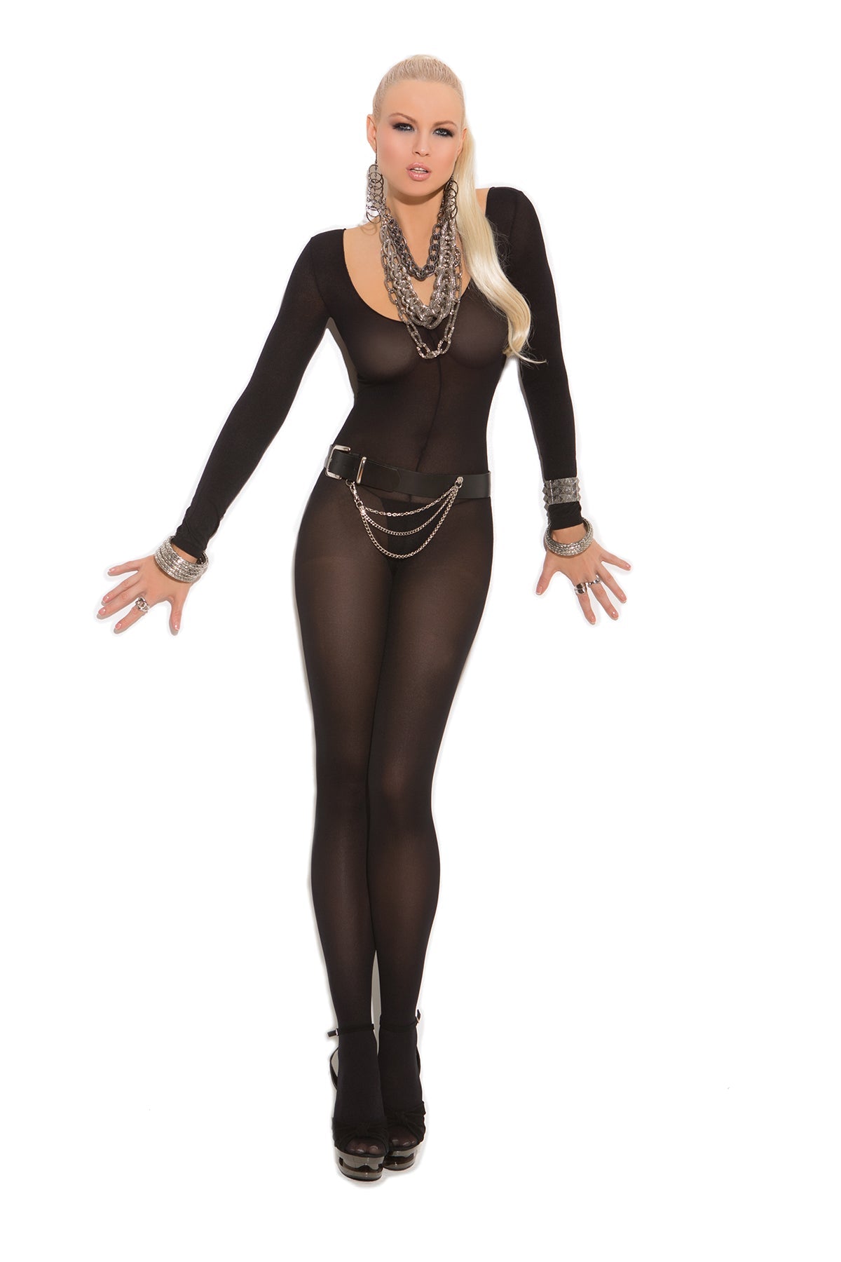 Women's Opaque long sleeve bodystocking with open 
crotch.  