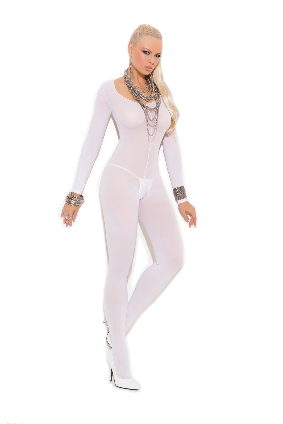 Women's Opaque long sleeve bodystocking with open 
crotch.  