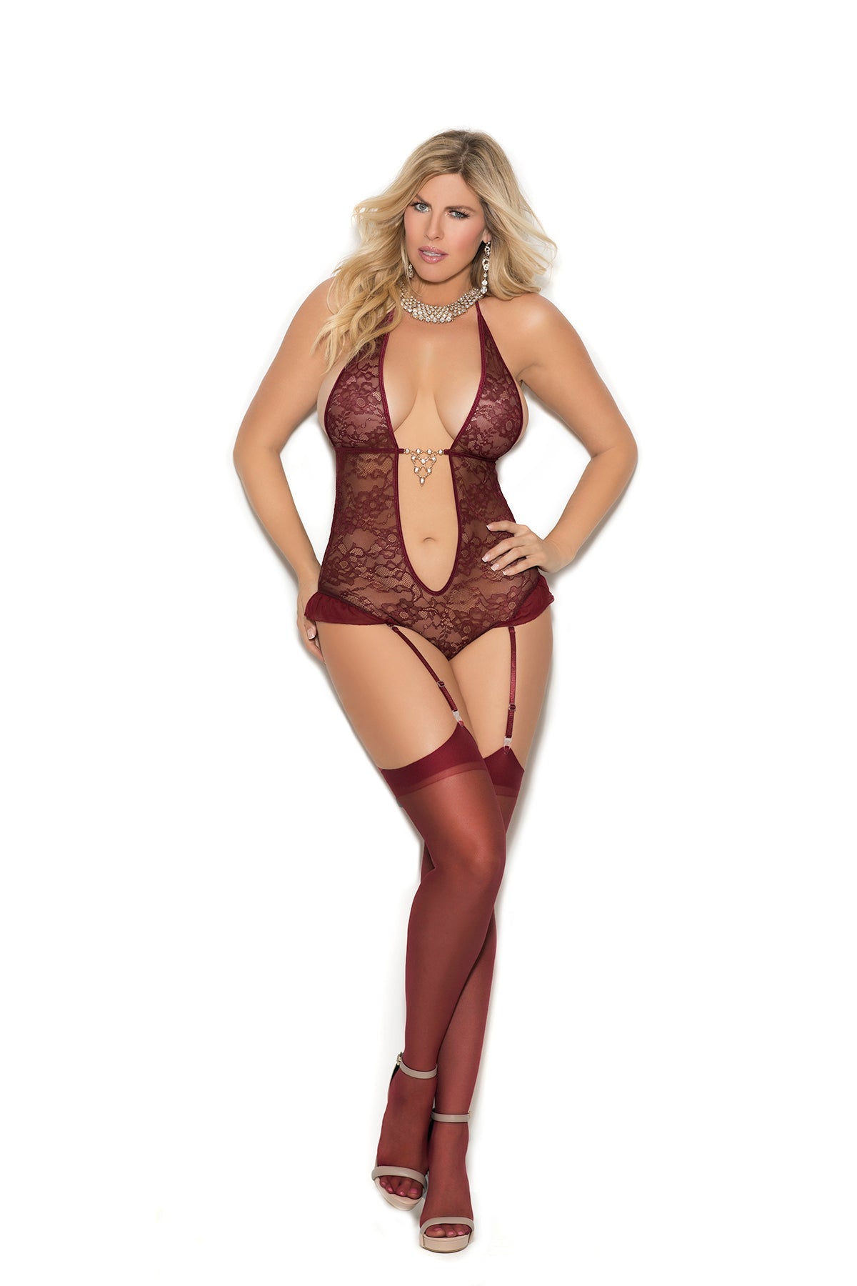 Women's Lace halter style teddiette with ultra deep V neckline, rhinestone front detail and adjustable and detachable garters. Shown with 1725Q in Winesold separately