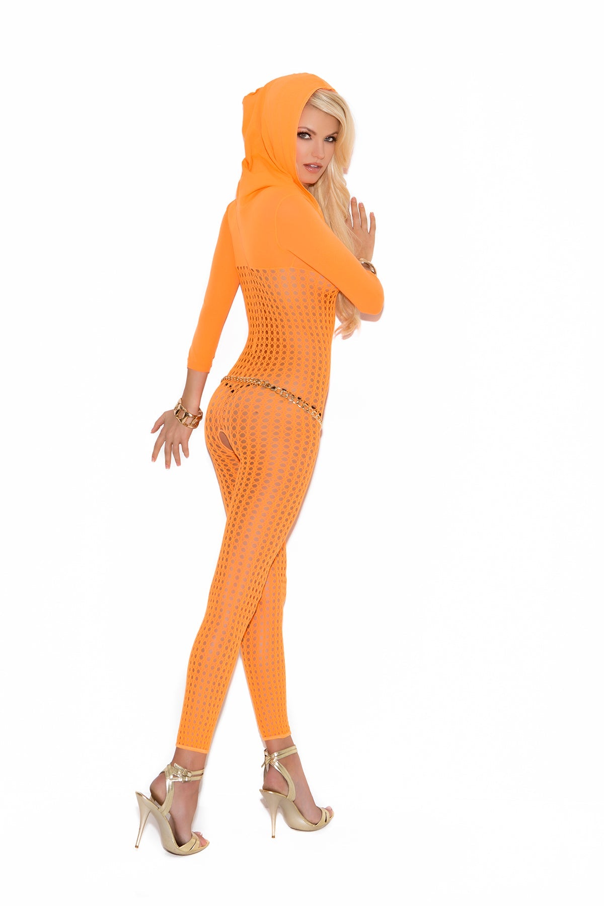 Women's Crochet footless bodystocking with open crotch, 3/4 sleeves and hood.
