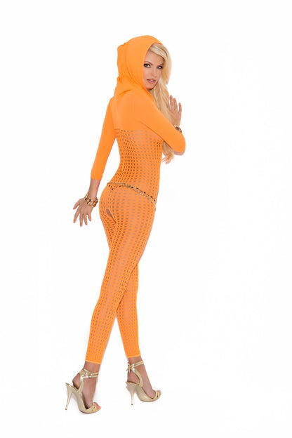 Women's Crochet footless bodystocking with open crotch, 3/4 sleeves and hood.