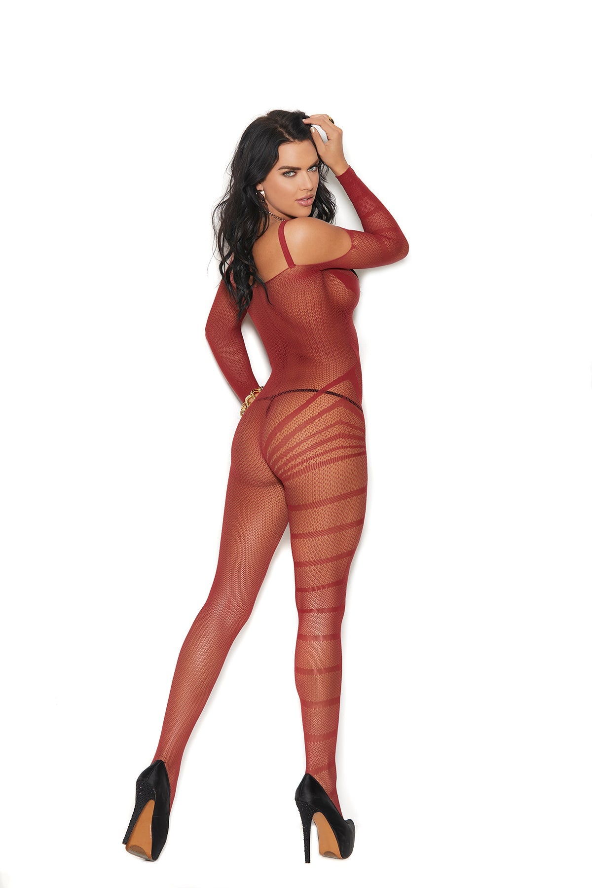 Women's Crochet burnout cold shoulder bodystocking with open crotch. 