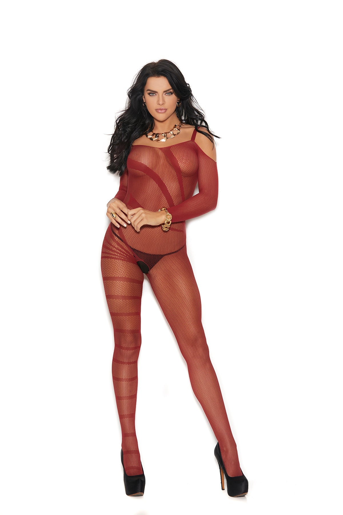 Women's Crochet burnout cold shoulder bodystocking with open crotch. 