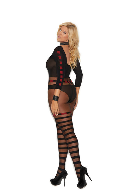 Women's Sheer and opaque long sleeve bodystocking with horizontal stripes and open crotch. 