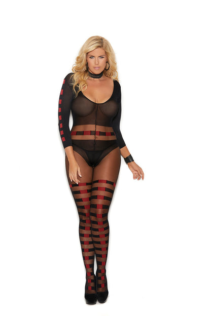 Women's Sheer and opaque long sleeve bodystocking with horizontal stripes and open crotch. 