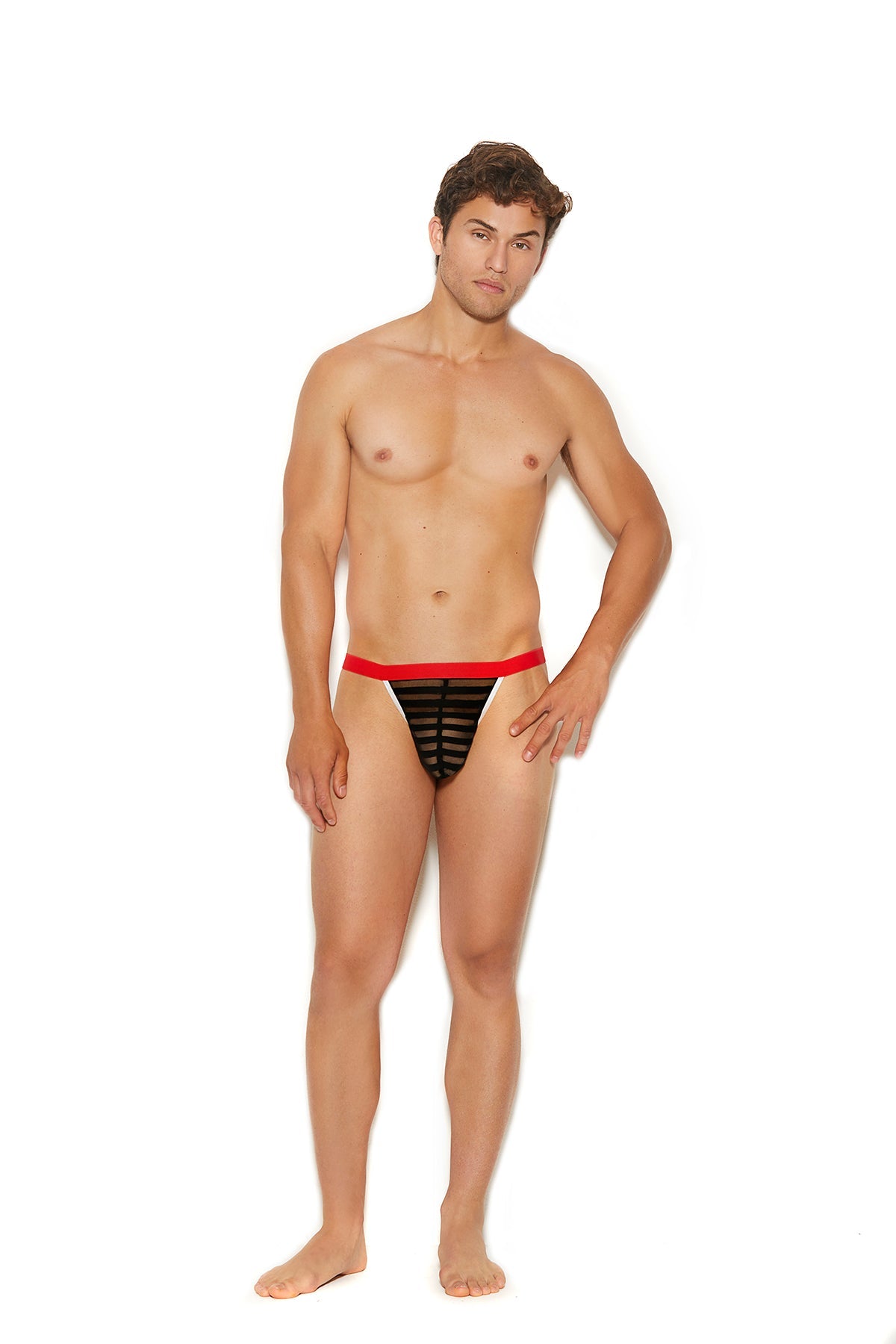 Men's striped mesh g-string pouch.