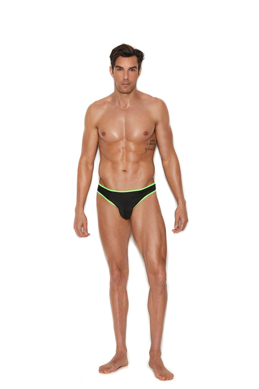 Men's thong with neon green trim. 