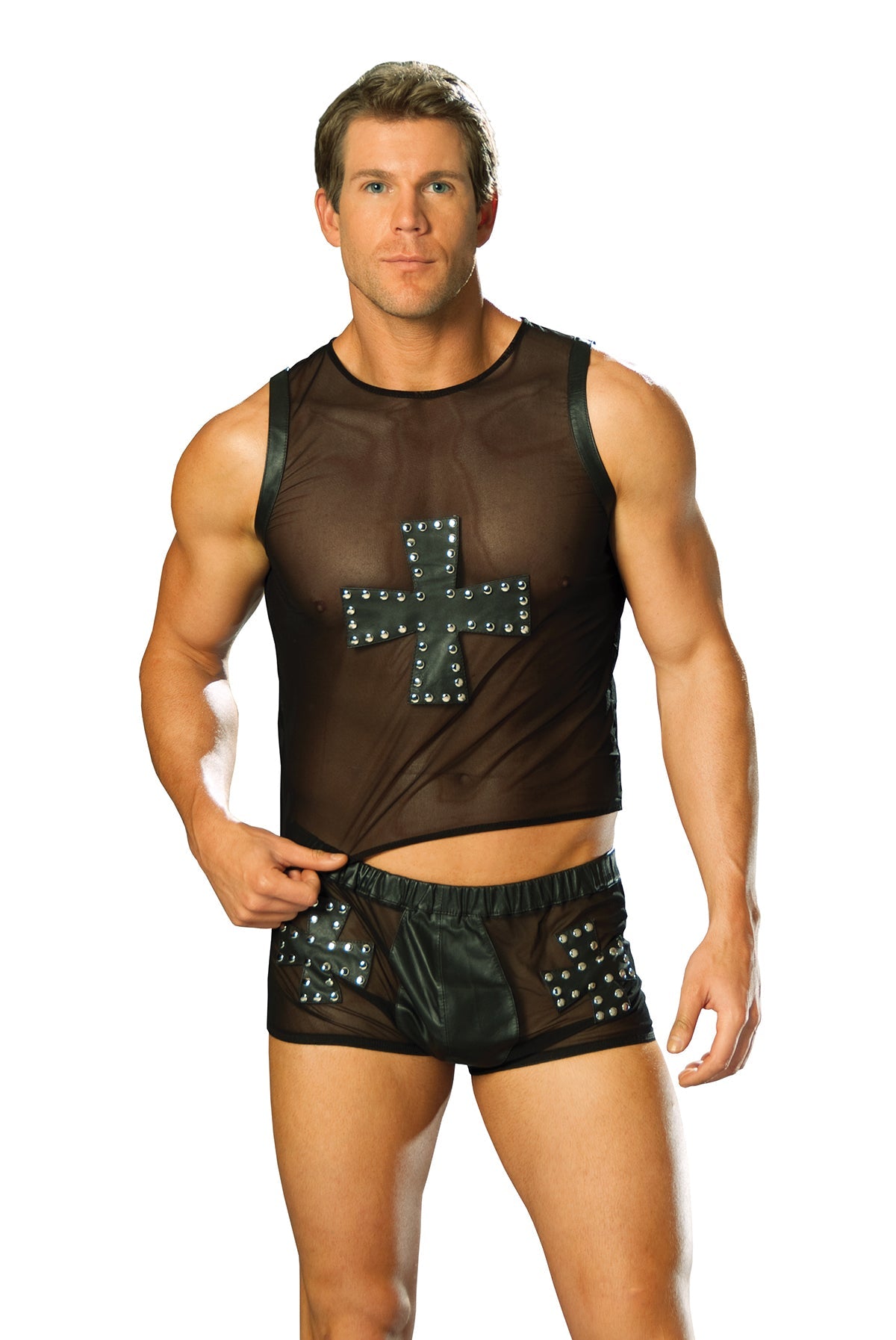 Men's Leather and mesh shorts with cross and nail head detail. Shown with L9284 sold separately
